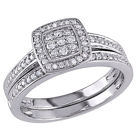 0.25 ct. t.w. Diamond Layered Square Halo Bridal Set in Sterling Silver