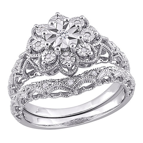 0.1 ct. t.w. Diamond Vintage Bridal Set in Sterling Silver