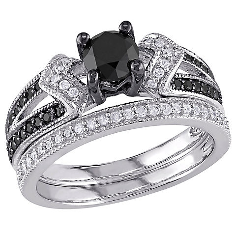 1.12 ct. t.w. Black and White Diamond Split Shank Bridal Set in Sterling Silver with Black Rhodium