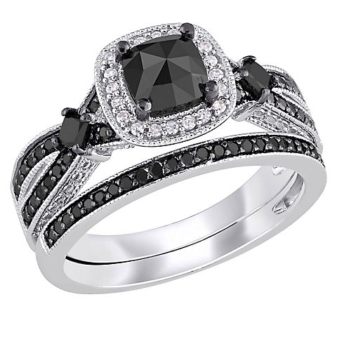 1.5 ct. t.w. Black and White Multi-shape Diamond Split Shank Bridal Set in Sterling Silver with Black Rhodium