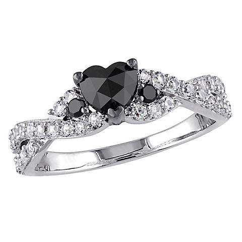 0.6 ct. t.w.. Black Diamond Created White Sapphire Heart Engagement Ring in Sterling Silver