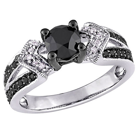 1 ct. t.w.. Black and White Diamond Split Shank Engagement Ring in Sterling Silver