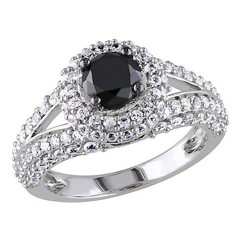 1 ct. t.w.. Black Diamond Created White Sapphire Split Shank Halo Engagement Ring in Sterling Silver