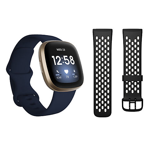 Fitbit Versa 3 Smartwatch Bundle with Small and Large Bands and Bonus Large Accessory Band - Midnight