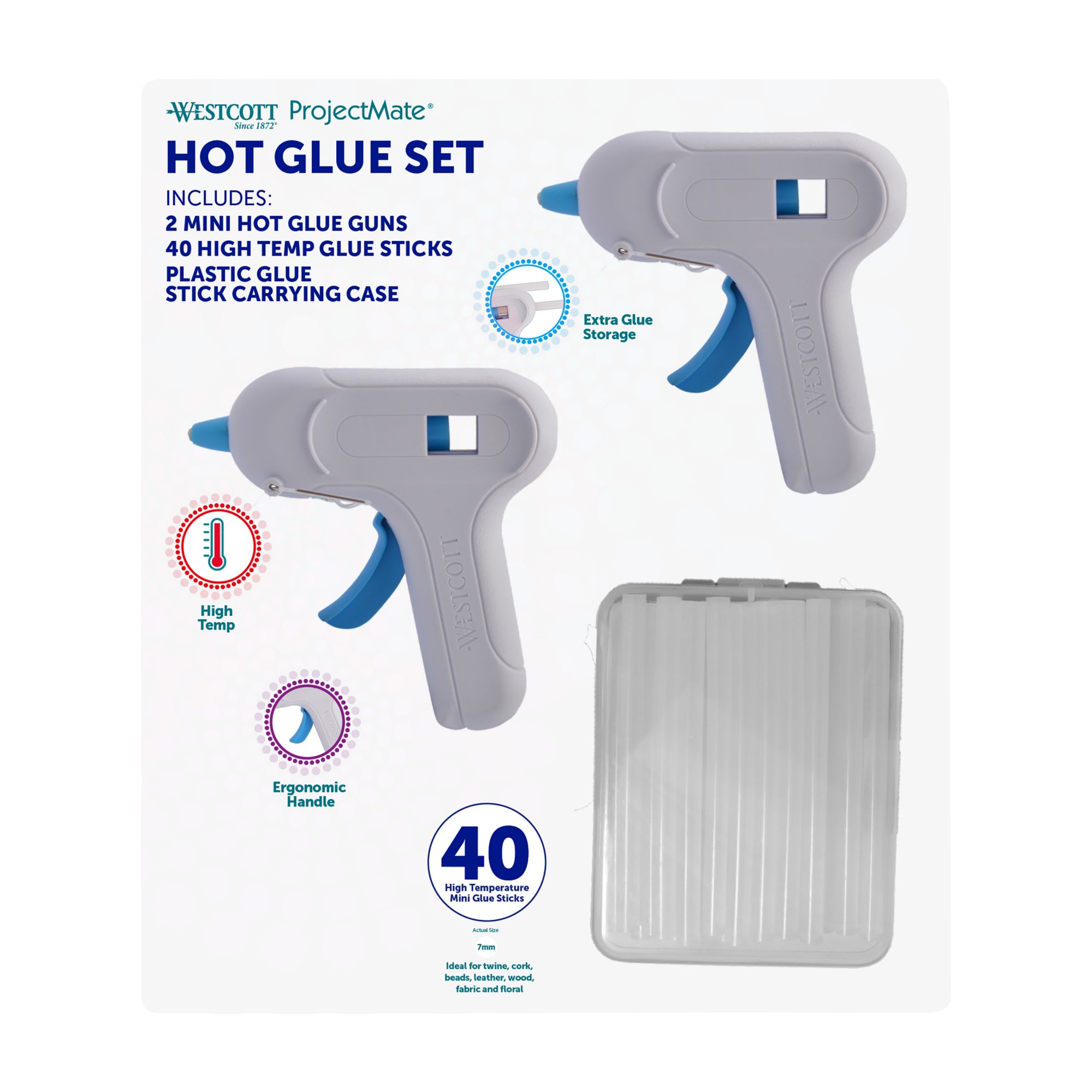 Westcott Premium Safety Mini Hot Glue Gun Set with 40 Glue Sticks and a  Carry Case
