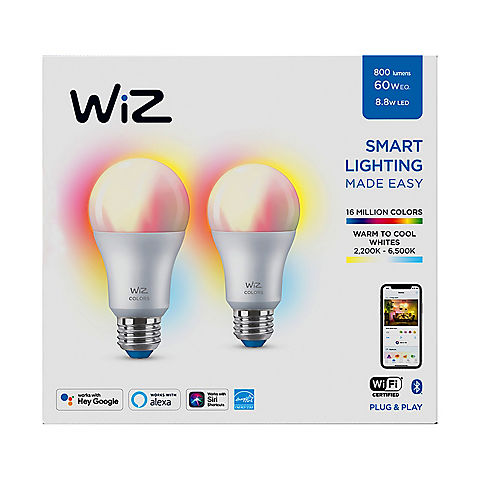 WiZ Full Color And Tunable White A19 60W Equivalent LED Smart Bulb, 2 pk.