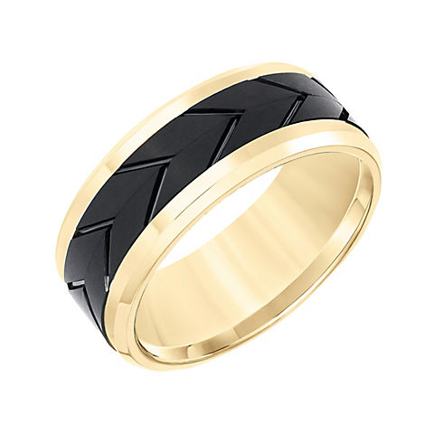 Men's Comfort Fit Wedding Band in Black and Yellow Tungsten Carbide