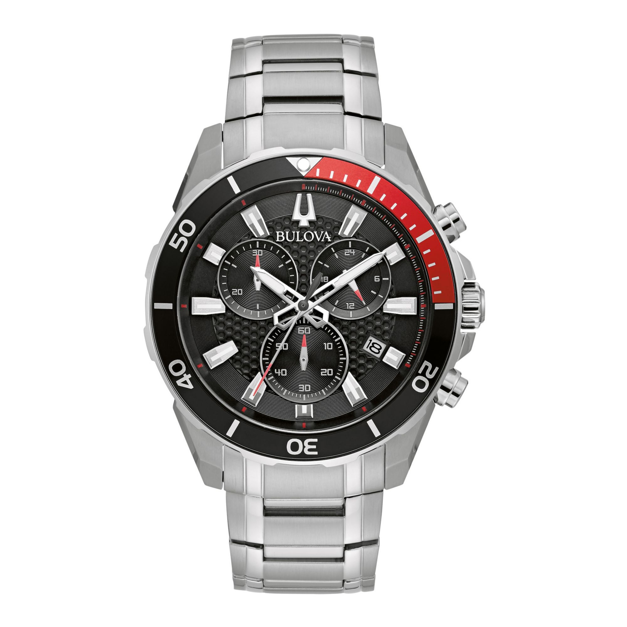 Bulova Men s 98B344 Stainless Chrono Black and Red Accents Dial Bracelet Watch