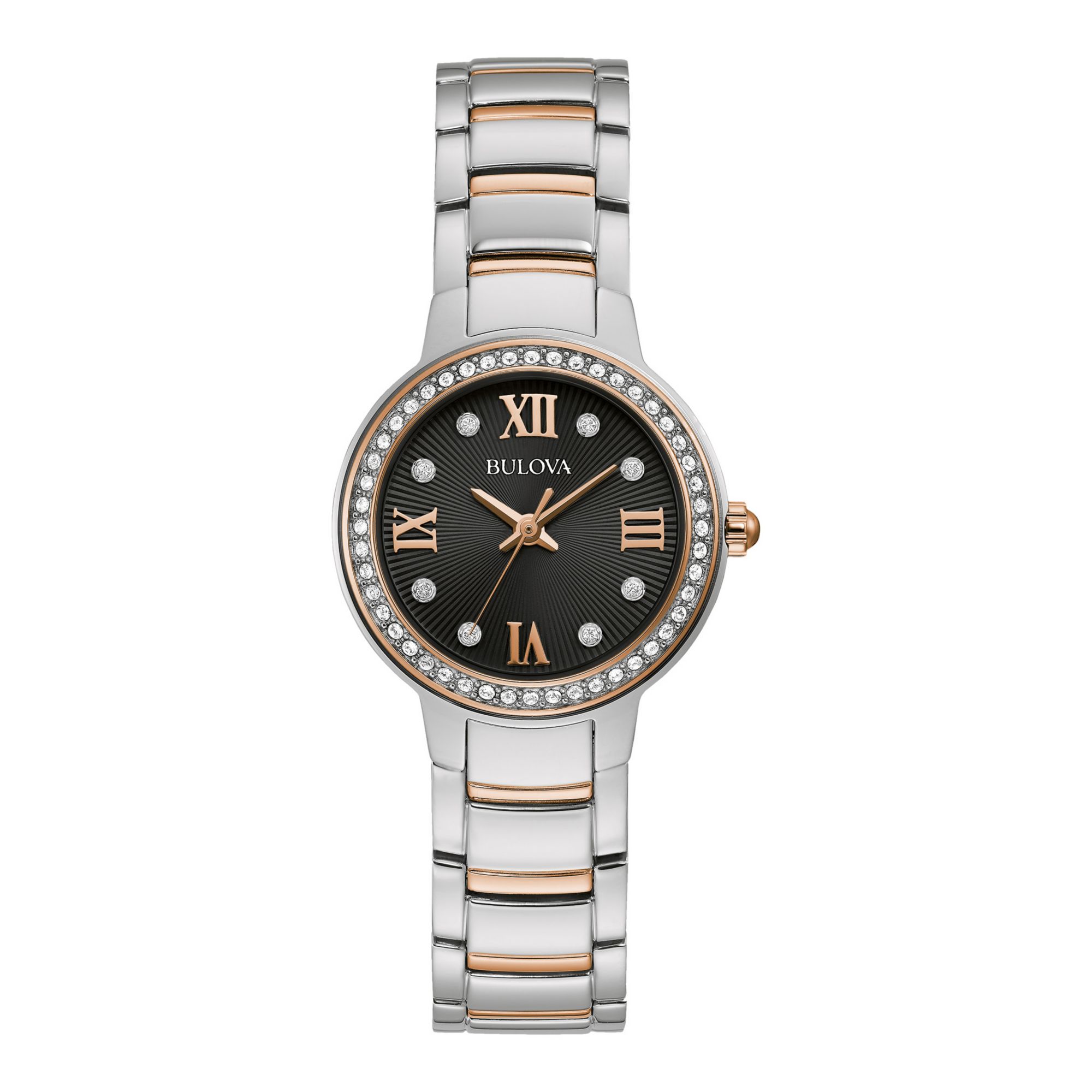 Bulova Crystal Collection Silver Dial Rose Gold Steel Strap Watch