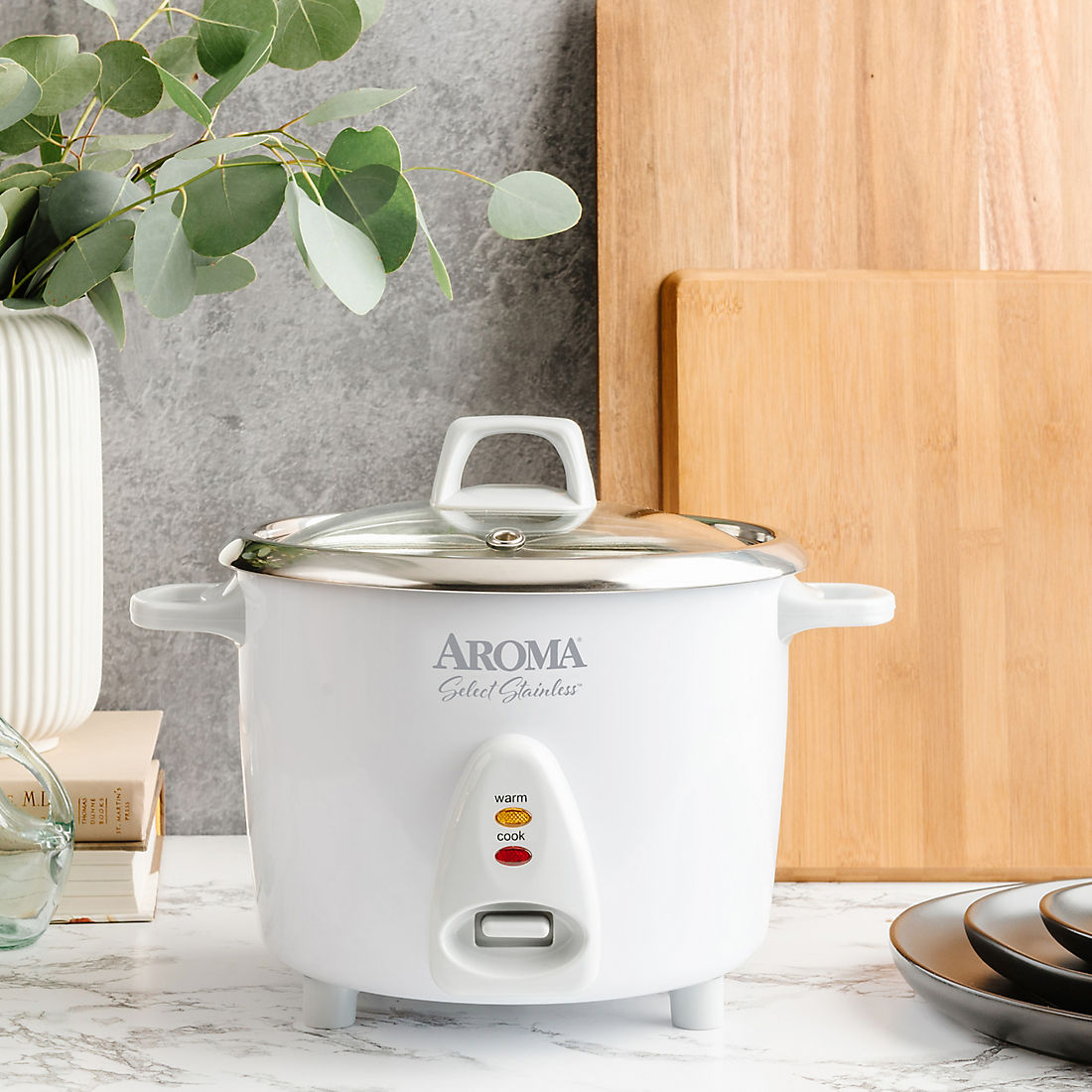 Aroma Housewares 14-Cup Cooked 3qt. Select Stainless Pot-Style Rice Cooker, Food Steamer, One-Touch Operation, Automatic Keep Warm Mode, White