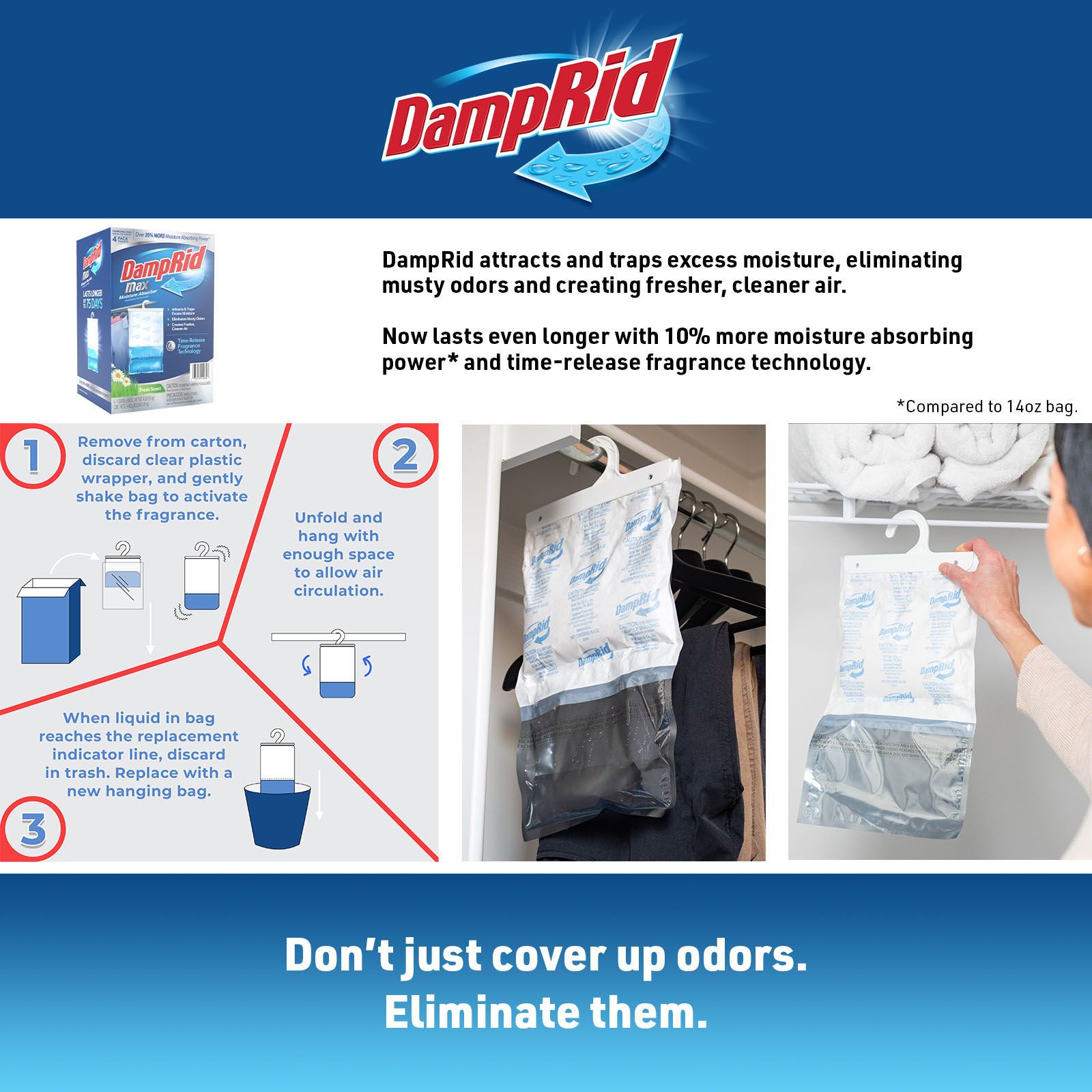 DampRid Hanging Bag, Moisture Absorber, 1 box of 3 bag (16 oz. each bag.),  Blue