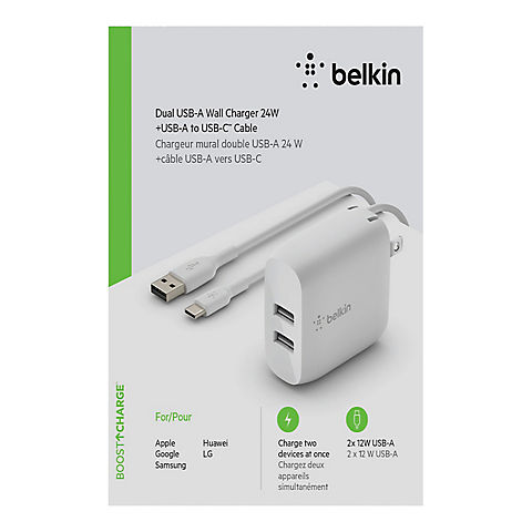 Belkin Boost Charge Dual USB-A Wall Charger 24W And USB-A to USB-C Cable