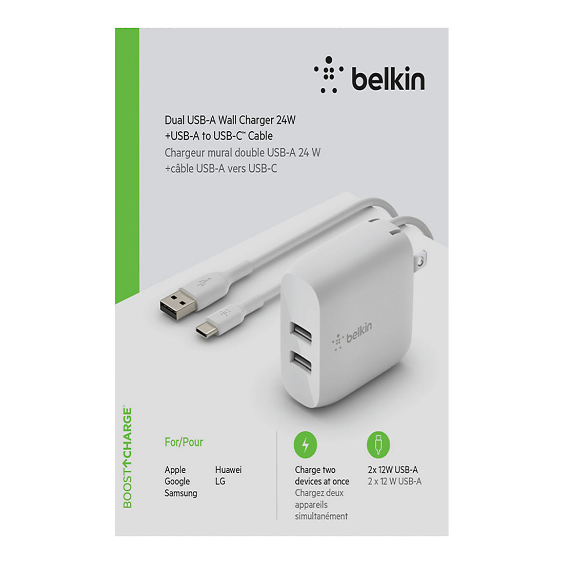 Belkin Boost Charge Dual USB-A Wall Charger USB-A to USB-C Cable