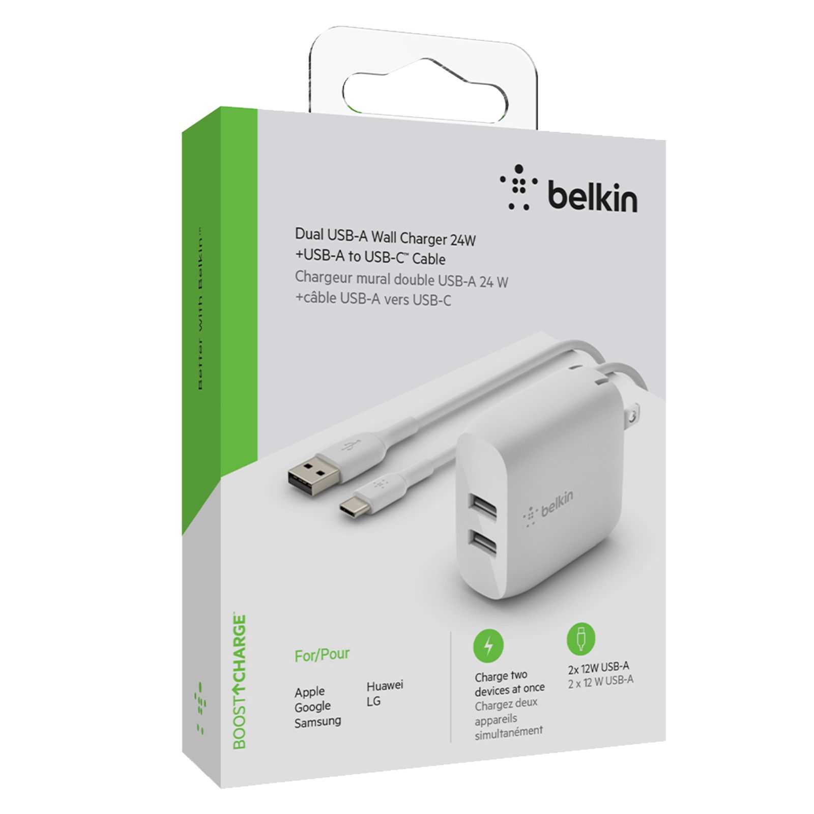 Belkin Boost Charge Dual USB-A Wall Charger USB-A to USB-C Cable