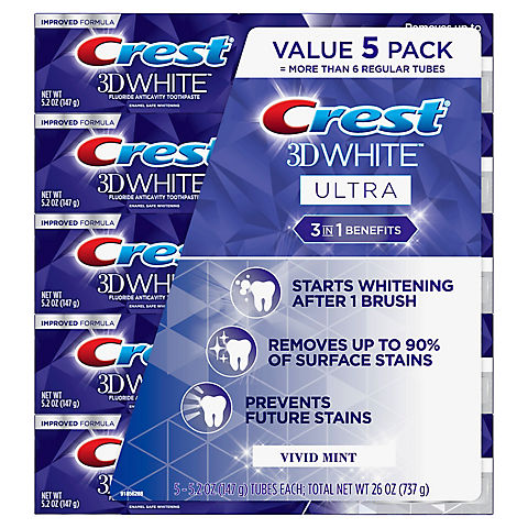 Crest 3D White Ultra Teeth Whitening Toothpaste, Vivid Mint, 5 pk./5.2 oz.