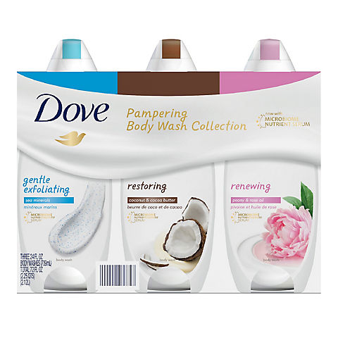 Dove Body Wash Variety Pack Gentle Exfoliating, Restoring Coconut, and Renewing Peony, 24 oz./3 ct.