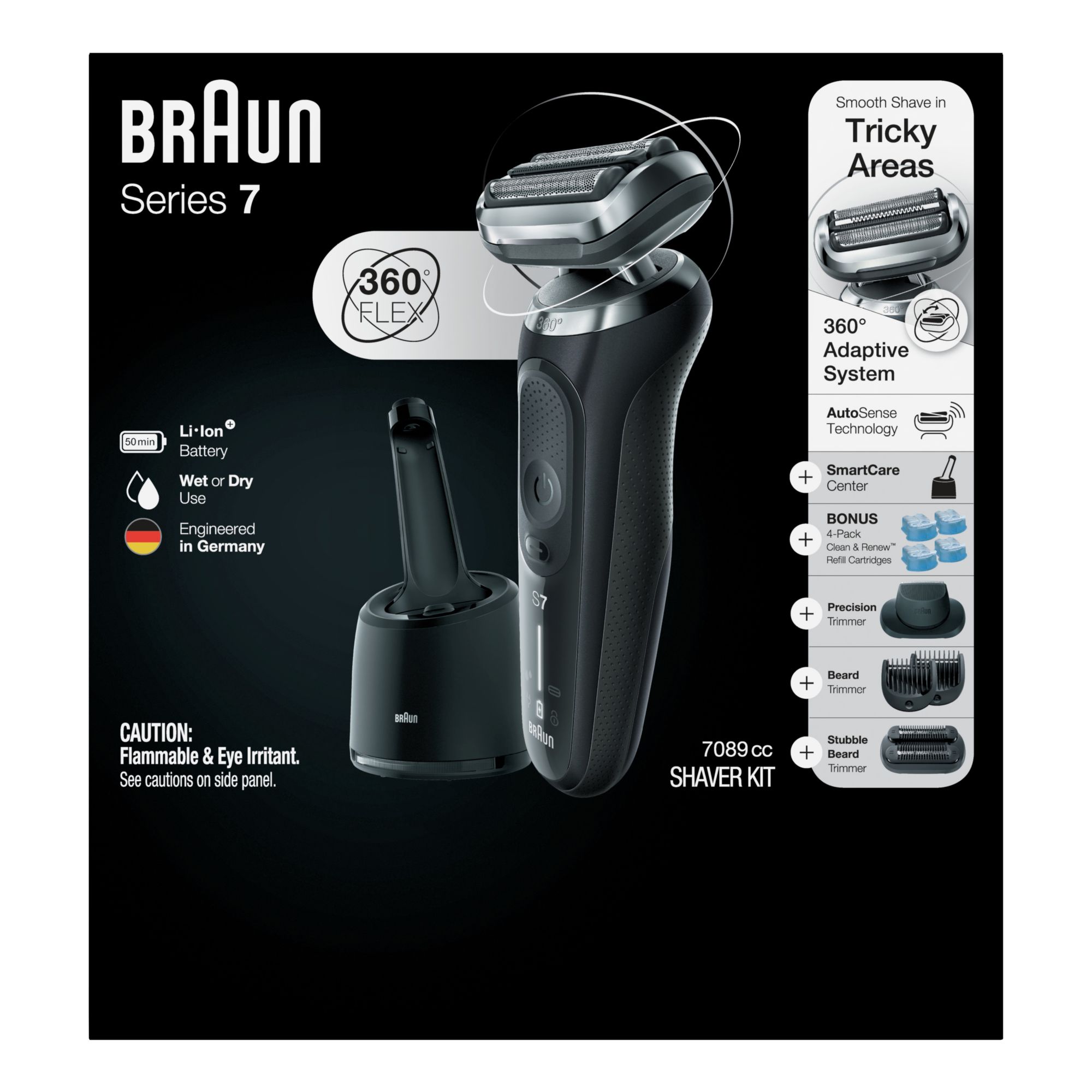 Braun Series 7 7075CC Electric Razor Shaver Wet Dry 360 Flex Hair Trimmer -  Black/Silver for sale online