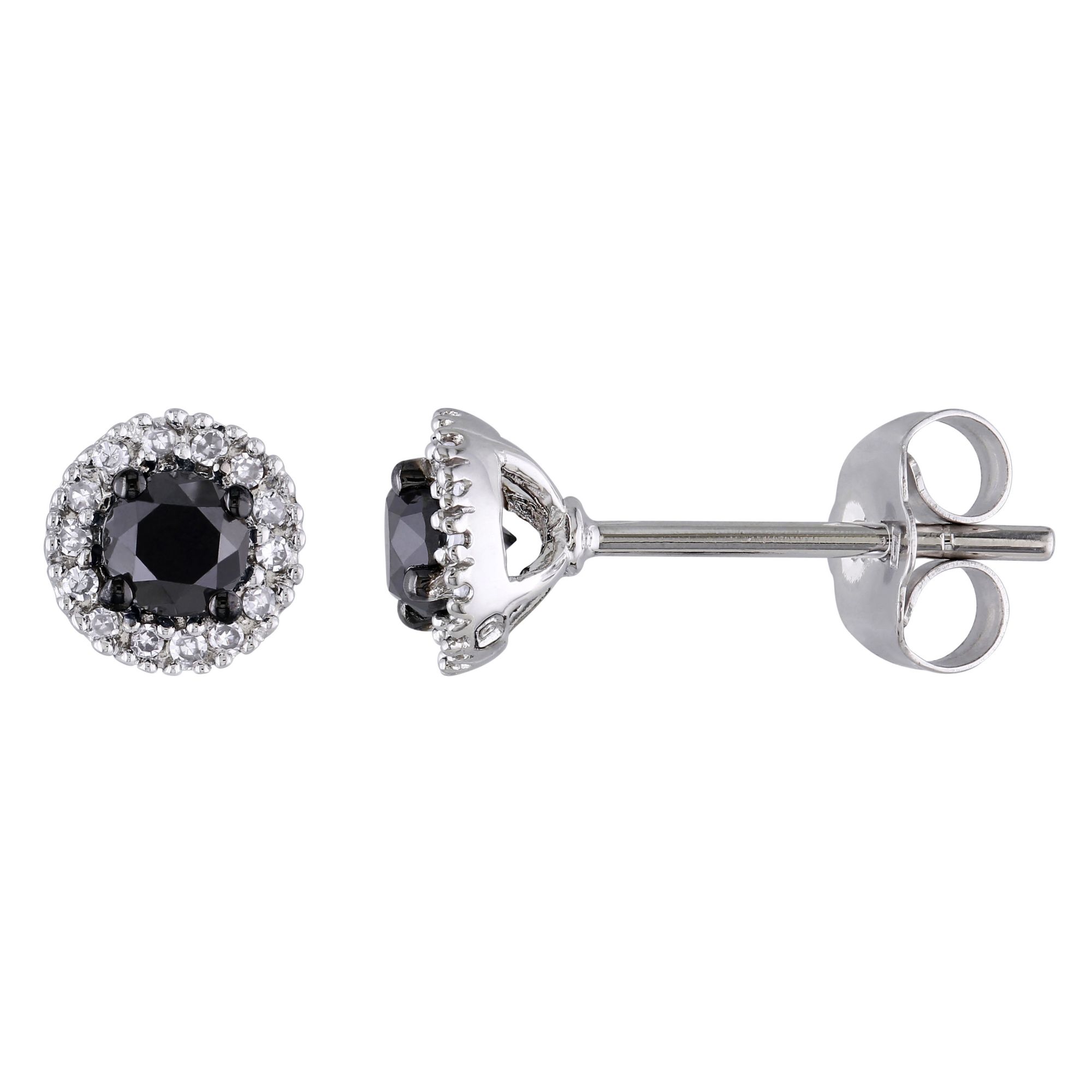 Black Diamond Stud Earrings, Diamond Halo, White Gold