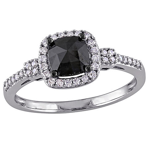 1 ct. t.w. Black and White Diamond Halo Engagement Ring in 14k White Gold