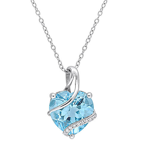 9 ct. t.g.w. Blue Topaz and Diamond Accent Heart Wrapped Necklace in Sterling Silver