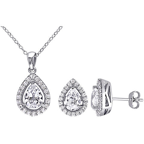4.87 ct. t.g.w. 2-Pc. Set Created White Sapphire Teardrop Halo Necklace and Stud Earrings in Sterling Silver