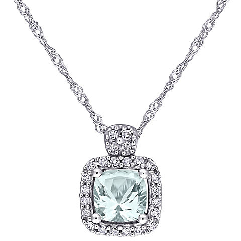 0.5 ct. t.g.w. Aquamarine and 0.1 ct. t.w. Diamond Halo Necklace in 10k White Gold