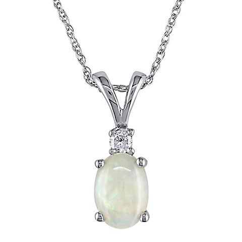 0.4 ct. t.g.w. Opal and Diamond Accent Oval Necklace in 10k White Gold