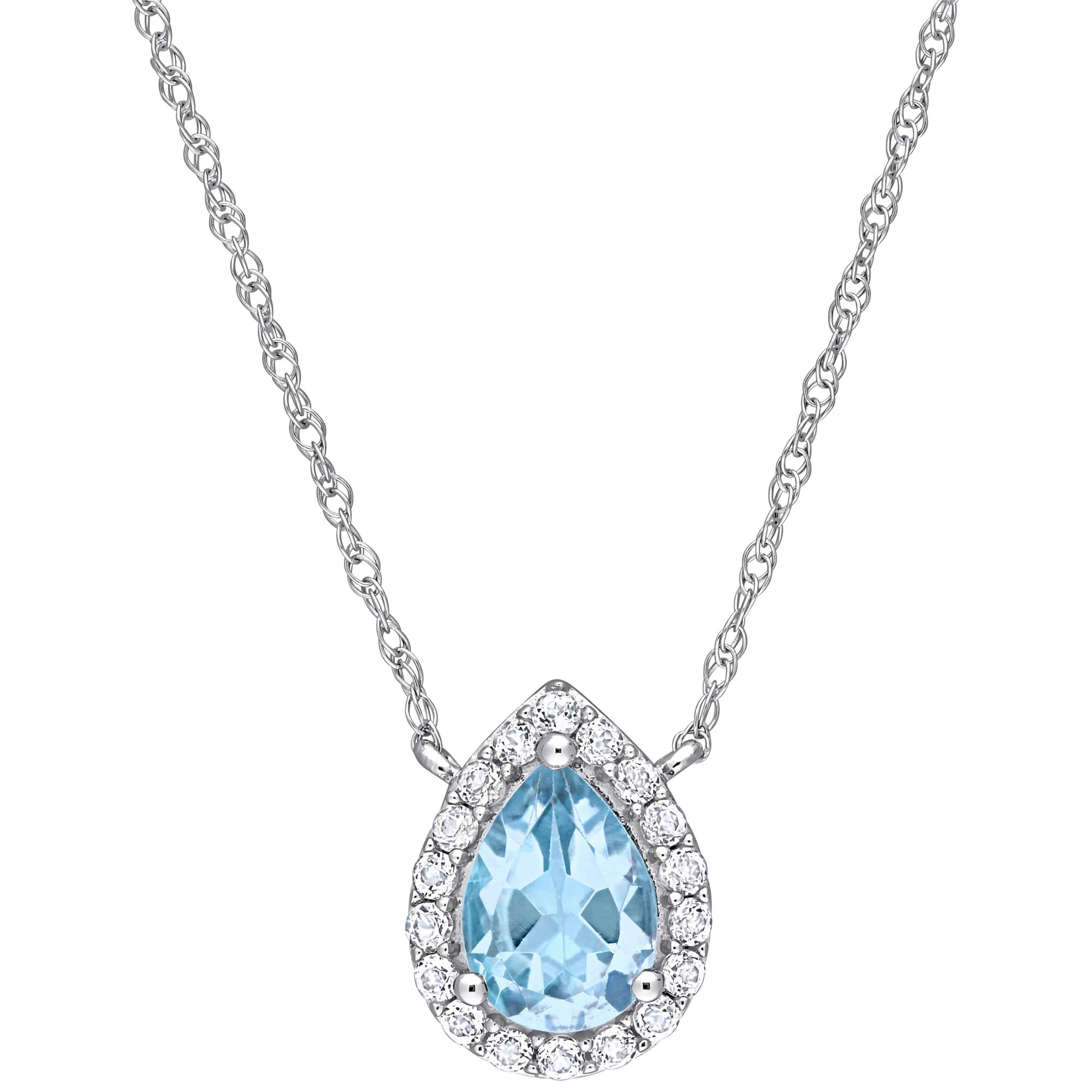 1.1 ct. t.g.w. Blue and White Topaz Teardrop Halo Necklace in 10k White Gold