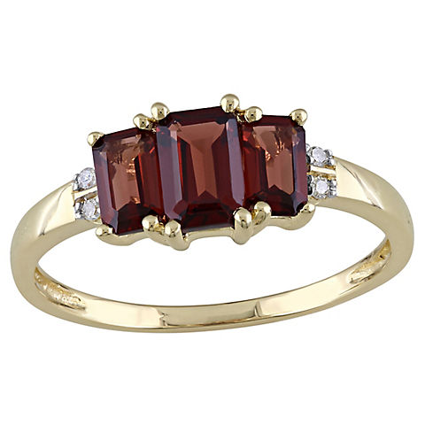 1.5 ct. t.g.w. Garnet and Diamond Accent 3-Stone Ring in 10k Yellow Gold