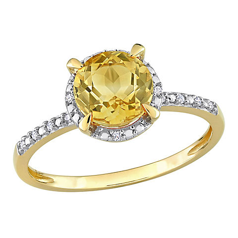 1.25 ct. t.g.w. Citrine and Diamond Accent Halo Ring in 10k Yellow Gold