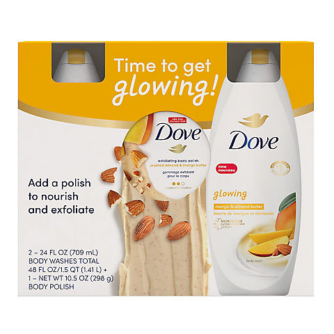 Dove Glowing Body Wash, 2 pk. + Mango and Almond Butter Scrub For Dry Skin, 3 ct.