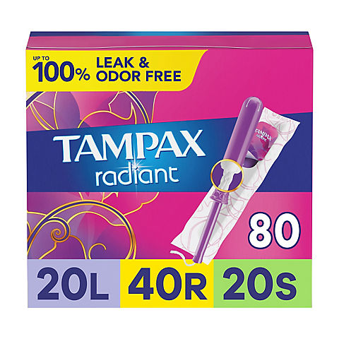Tampax Radiant Tampons Trio Pack, Light/Regular/Super Absorbency and Unscented, 80 ct.