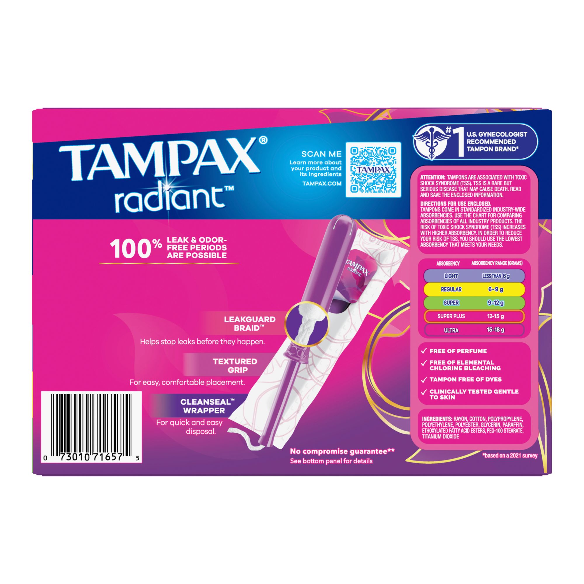 Tampax Radiant Tampons Duo Pack with Leak Guard Braid, Light