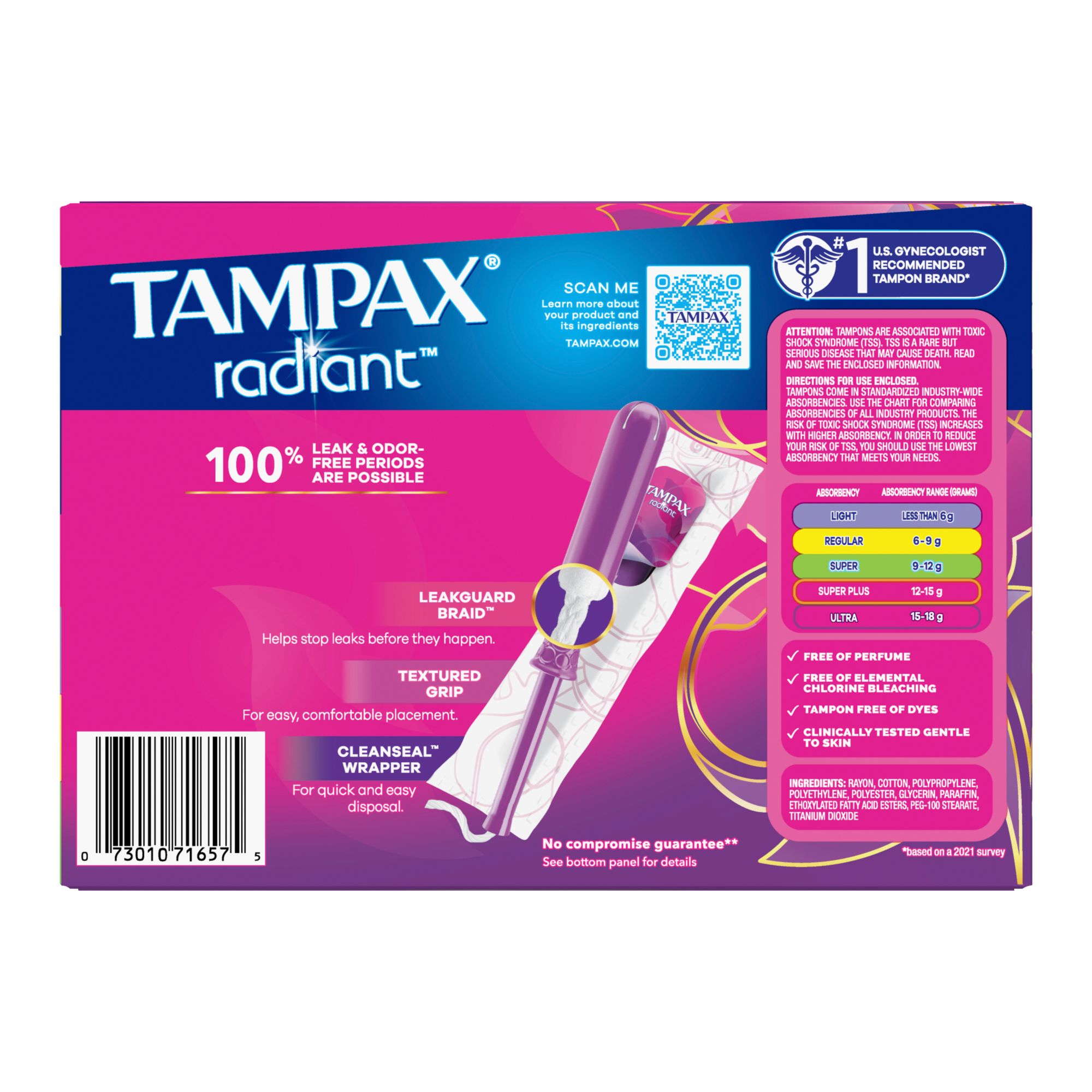 Tampax Radiant Tampons Trio Pack with LeakGuard Braid, Lite/Regular/Super  Absorbency, 80 ct. - Unscented