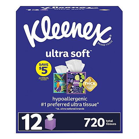 Kleenex Ultra Soft, Soft Facial Tissue, 12 Cube Boxes, 60 Tissues per Box, 3-Ply (720 Total Tissues)
