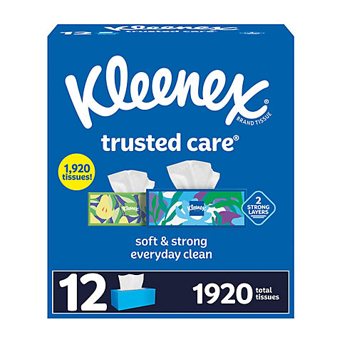 Kleenex Trusted Care Facial Tissues, 12 Flat Boxes, 160 Tissues per Box, 2-Ply (1,920 Total Tissues)