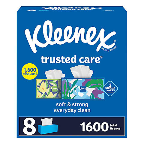 Kleenex Trusted Care Facial Tissues, 8 Flat Boxes, 200 Tissues per Box, 2-Ply (1,600 Total Tissues)