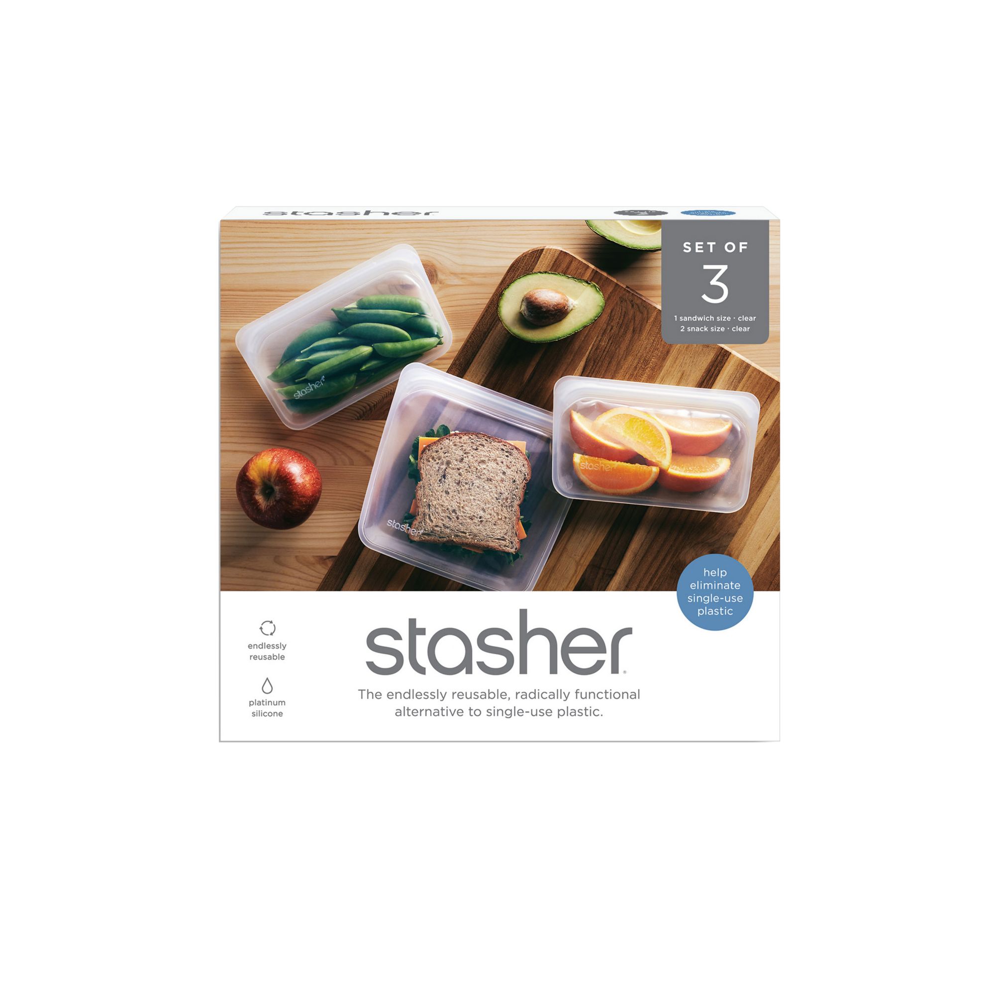 Stasher 3-Piece Clear Sandwich and Half-Gallon Bag Set