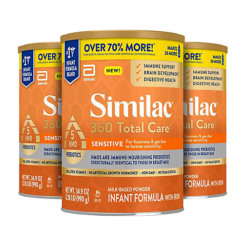 Similac 360 Total Care Sensitive Infant Formula Powder, Tub Case of 3, 34.9 oz.