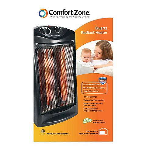 Comfort Zone 1,500W Energy Star Quartz Radiant Tower Heater - Black