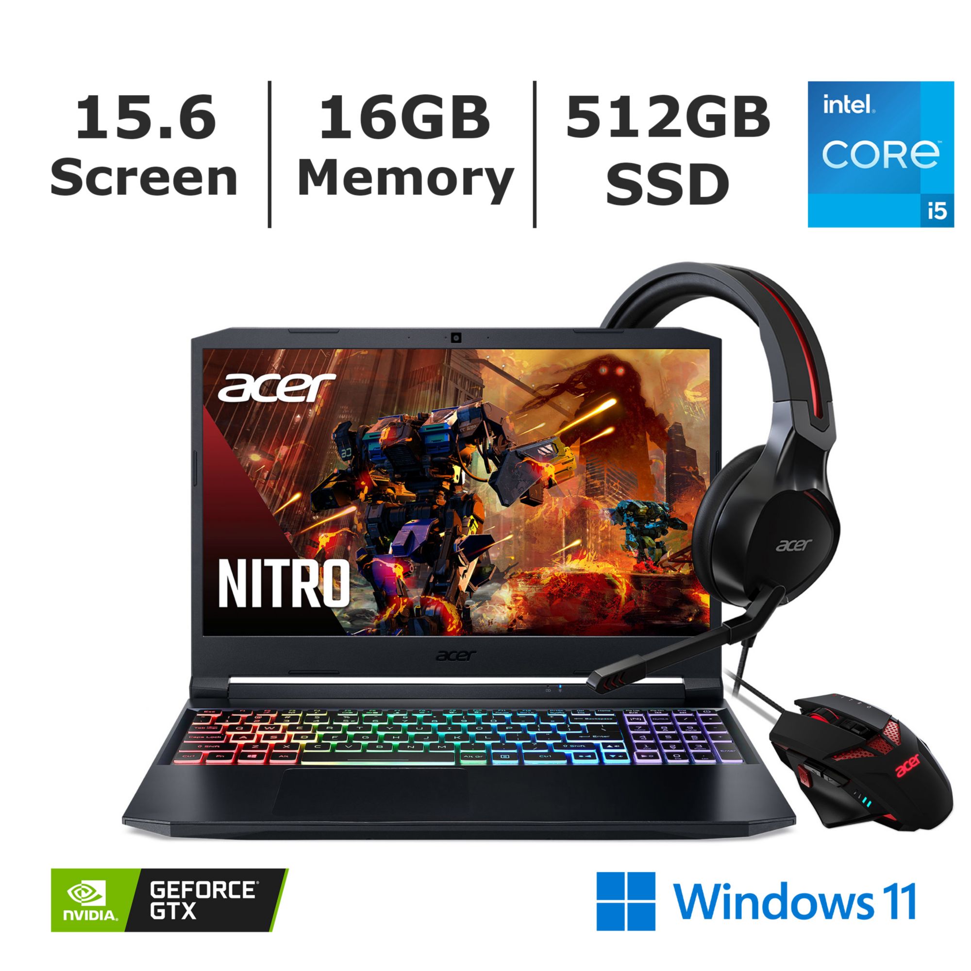 Acer Nitro 5 , 15.6 Full HD IPS 144Hz Display, 11th Gen Intel Core  i5-11400H, NVIDIA GeForce RTX 3050Ti Laptop GPU, 16GB DDR4, 512GB NVMe SSD