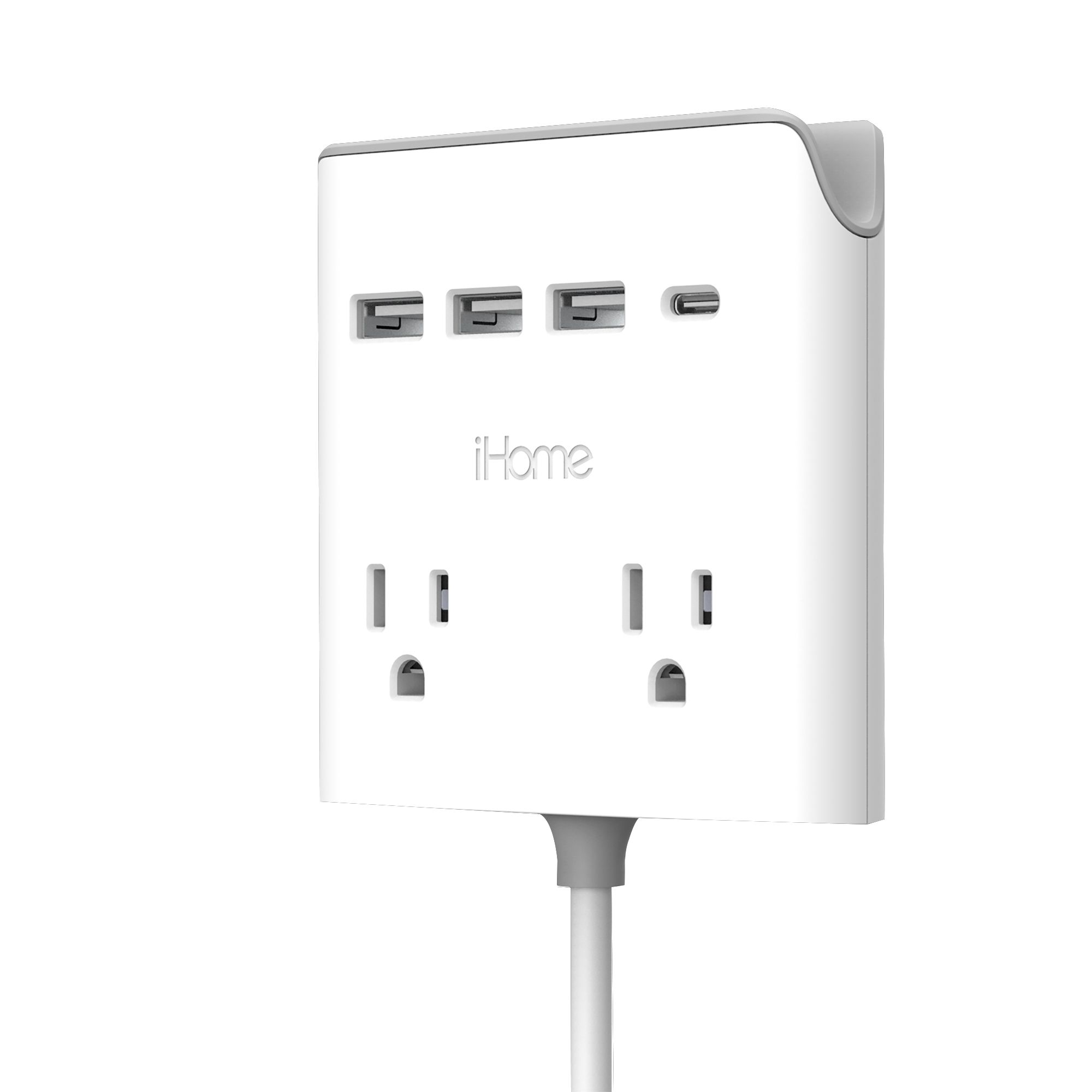  iHome Power Reach - Extensor de enchufes múltiples con 2 tomas,  cargador de pared USB de 4 puertos (1 USB C, 3 USB A), cable de extensión  de 6 pies y