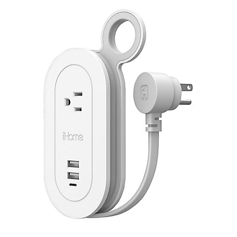 iHome Travel Reach C Power Strip with AC Outlet, 2 USB-A Ports and UBS Port - White