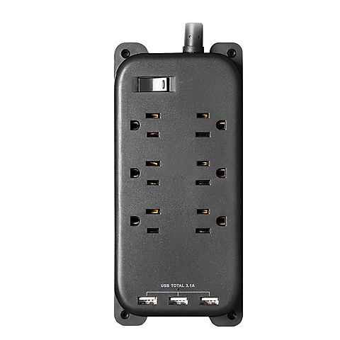 Smartpoint 6-Outlet Power Strip with 3 USB Ports - Black