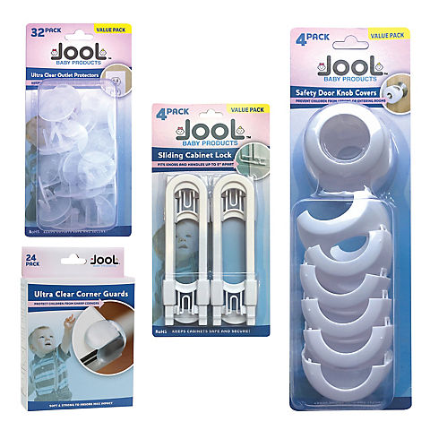 Jool Baby Products Safety Basics Bundle: Outlet Covers 32, Sliding Cabinet Locks 4, Doorknob Covers 4, Corner Guards 24