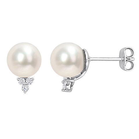 8-8.5mm Cultured Freshwater Pearl and 0.12 ct. t.w. Diamond Stud Earrings in Sterling Silver
