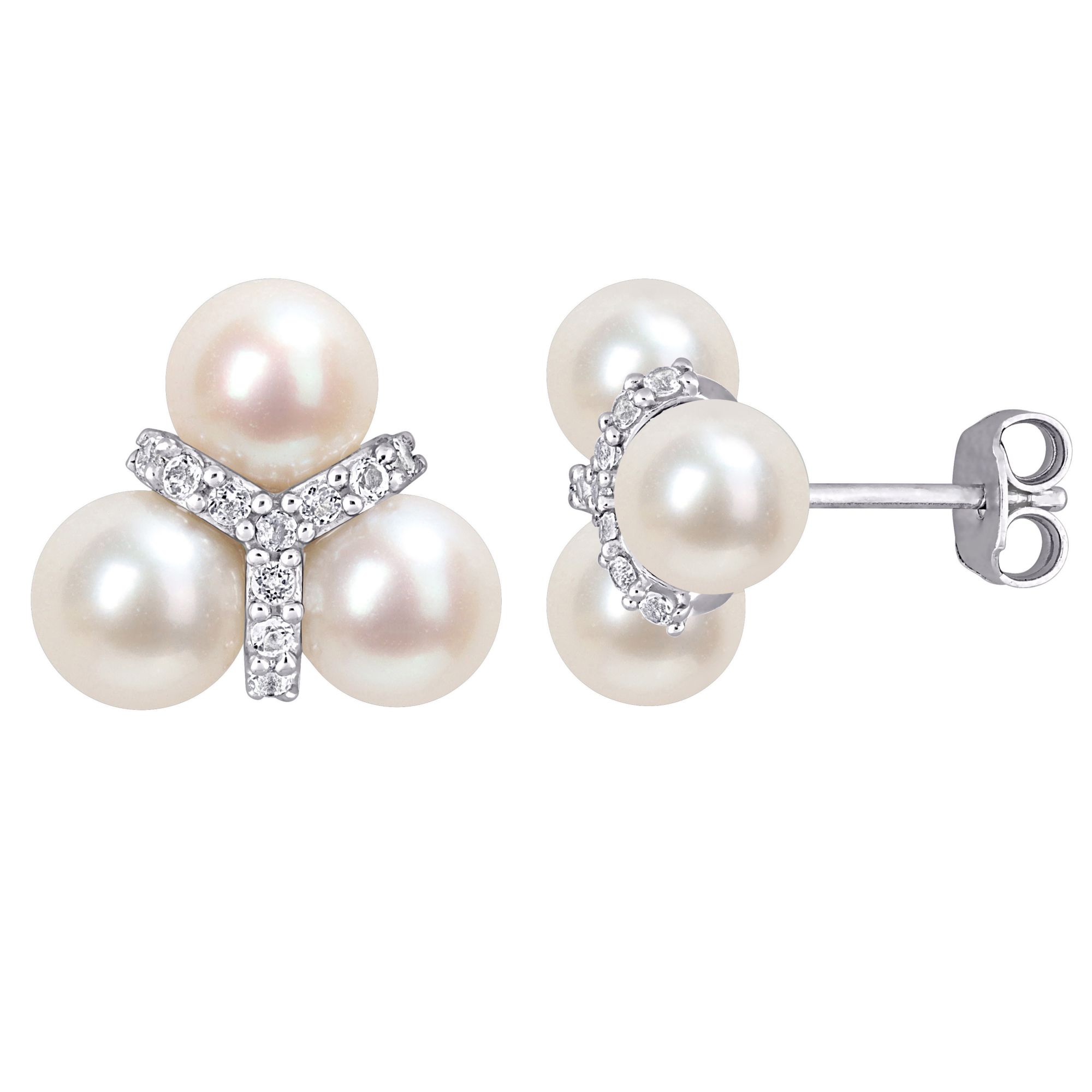 6-6.5mm Cultured Freshwater Pearl and 0.2 ct. t.g.w. White Topaz Floral  Stud Earrings in Sterling Silver