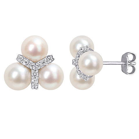 6-6.5mm Cultured Freshwater Pearl and 0.2 ct. t.g.w. White Topaz Floral Stud Earrings in Sterling Silver