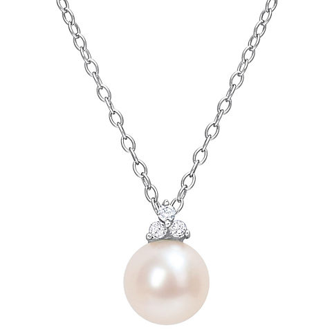8-8.5mm Cultured Freshwater Pearl and Diamond Accent Pearl Necklace in Sterling Silver