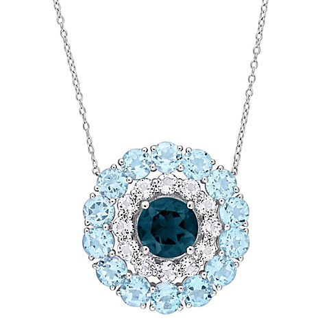 14.6 ct. t.g.w Blue and White Topaz Halo Circle Necklace in Sterling Silver